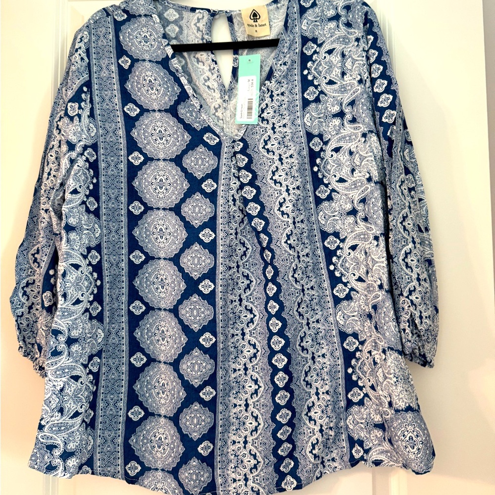 NWT Hellen V-neck blouse Navy Blue/White 1X